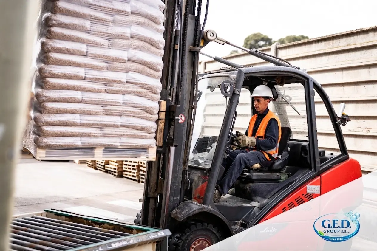 Muletto durante il carico di merce pallettizzata in area logistica